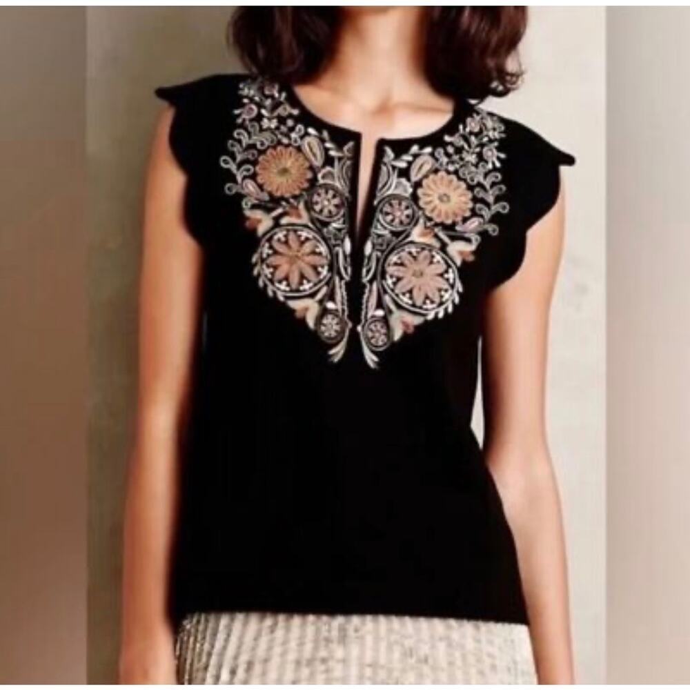 Akemi + Kin Anthropologie Binah Embroidered Scallop Sleeve Top Black Sz S N